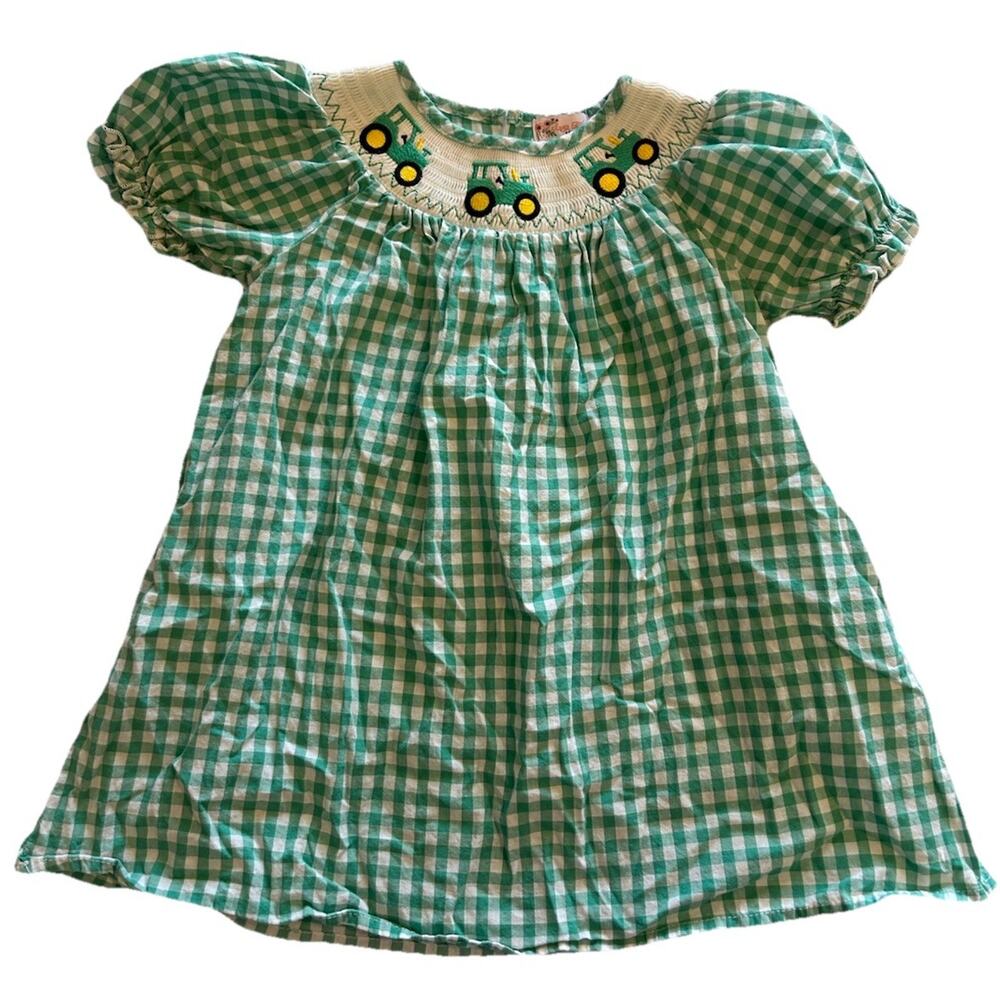 Clover Cottage Green Gingham Smocked John Deere Tractors Bishop Dress Girl Sz 4T